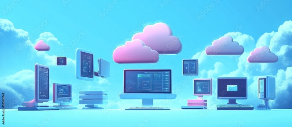 Poster concept of global computing services. cloud correlation of gadgets and computers