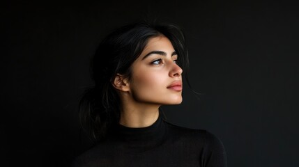 Young woman with dark hair and brown eyes looks off to the side against a black background.