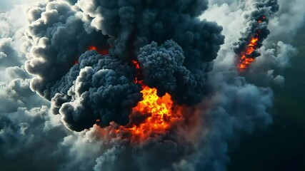 A dramatic explosion emits fiery orange and red flames amidst thick, dark smoke, showcasing the power of nature or industry in a visually striking manner.