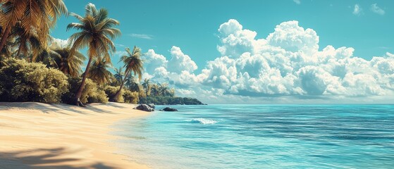 Serene Tropical Beach with Palm Trees and Clouds