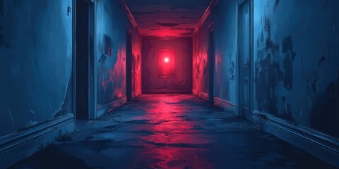 Obraz premium A Dark and Empty Hallway with a Glowing Red Light at the End