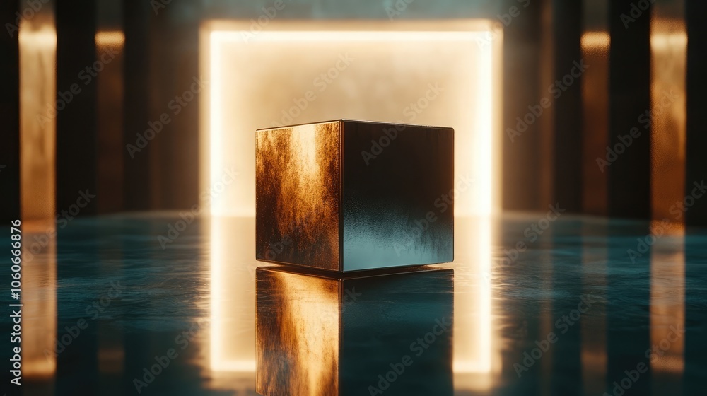 Poster a metallic cube sits on a reflective surface, illuminated by a bright light source above. the cube's