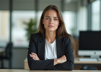 ung confident woman sits with crossed arms and looks directly at camera while maintaining a strong and empowered expression in an office setting.