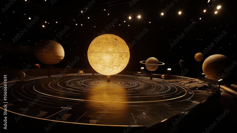 Poster a 3d model of the solar system showcasing planets in a starry environment.