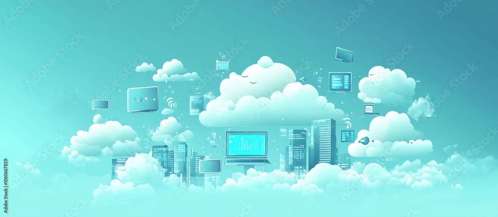Poster concept of global computing services. cloud correlation of gadgets and computers
