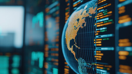 Digital globe with data on futuristic screens