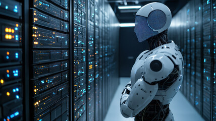 humanoid robot monitors servers in futuristic data center