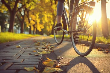 Close-up of a Bicycle Wheel with Fallen Leaves in the Foreground