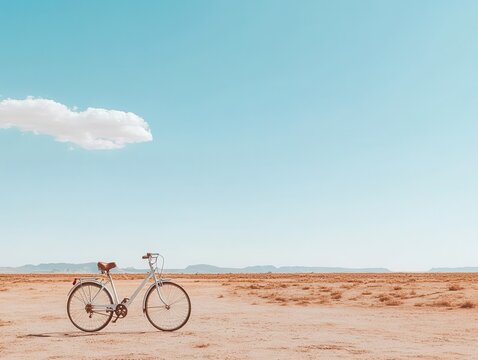A vintage bicycle stands solitary on a vast, empty landscape under a clear blue sky, evoking a sense of freedom and adventure. - Powered by Adobe