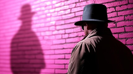 Urban Detective in Neon Lights - Mysterious Shadows Among Graffiti Walls Create Suspenseful Atmosphere in a City Night Scene