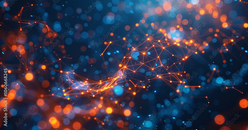Poster abstract background with a network of bright connections and nodes in a dark blue and orange color.