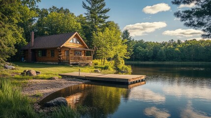 Obraz premium A charming log cabin sits on the edge of a serene lake, surrounded by lush greenery, inviting tranquility and relaxation.