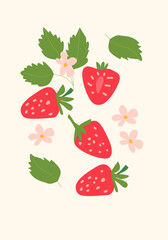 Abstract vertical strawberry poster, vector flat illustration. Summer or autumn bright pattern with berry, harvest cover design. Can used for labels, market ad, posters, covers for print.