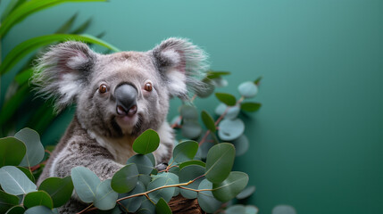 Obraz premium Koala with Big Ears Holding a Eucalyptus Branch on a Eucalyptus Green Background