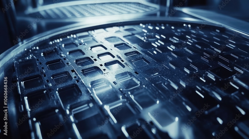 Poster a close-up of a metallic surface with a repeating pattern of squares, reflecting light in a cool, in