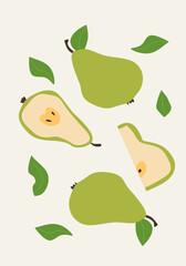 Modern vertical pears poster, vector flat illustration. Autumn bright pattern with tropical fruit, harvest cover design. Can used for labels, market ad, posters, covers for print.