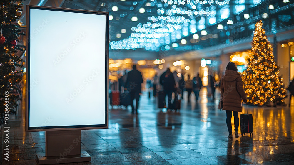 Poster Travelers navigate through a busy airport adorned with twinkling lights and a blank advertising display, creating a festive atmosphere