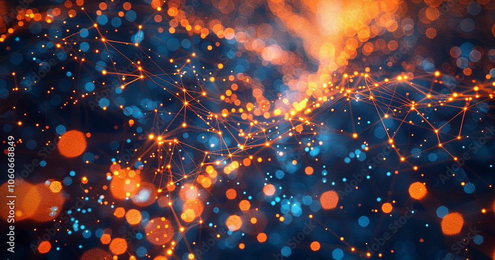Poster abstract background with a network of bright connections and nodes in a dark blue and orange color.