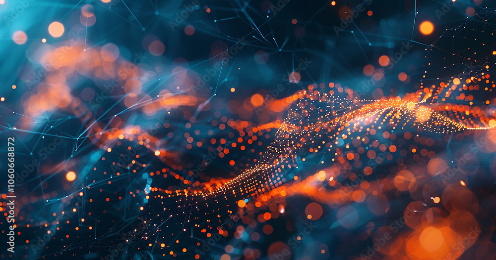 Poster abstract background with a network of bright connections and nodes in a dark blue and orange color.