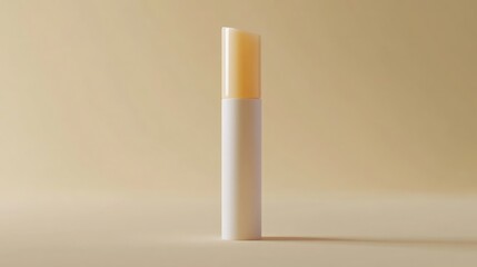 A white tube of lip balm with a clear, light yellow cap stands upright against a beige backdrop.