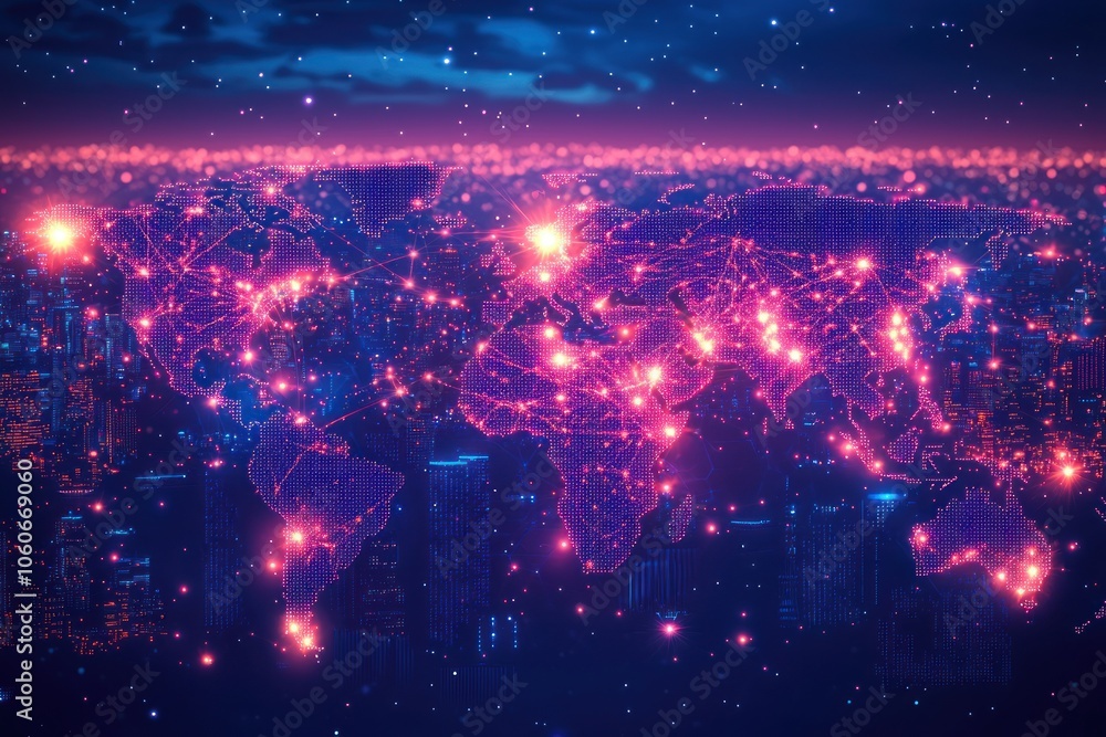 Aufkleber a glowing digital world map with connected nodes and cityscapes