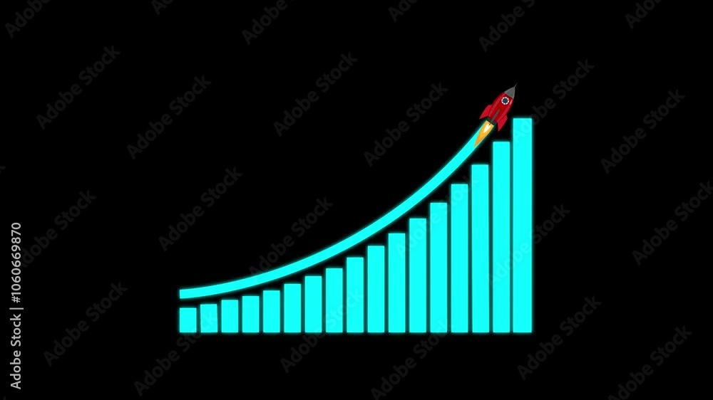 Poster arrow rising on graph with rocket sale symbols icon animation. business growth concept in graph char