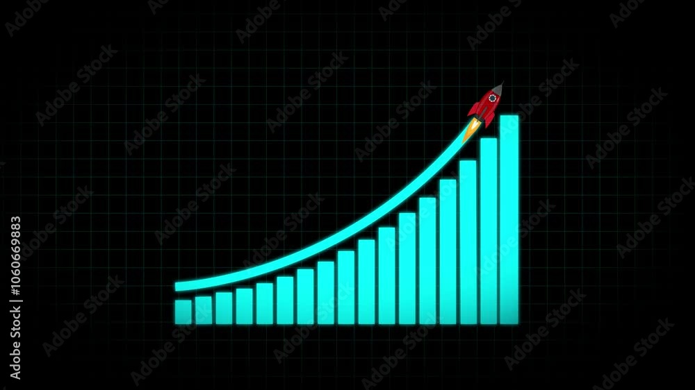 Poster arrow rising on graph with rocket sale symbols icon animation. business growth concept in graph char