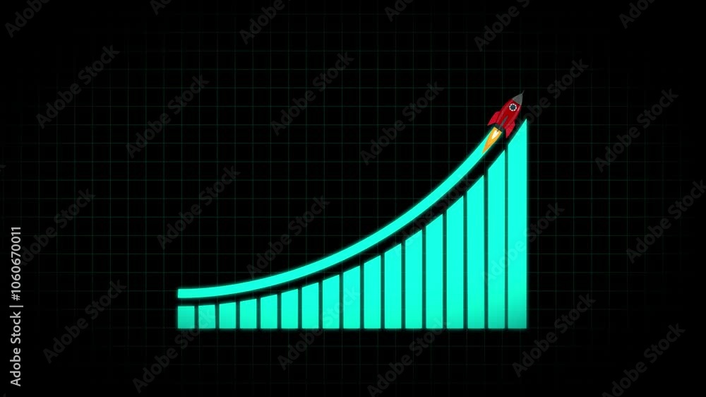Poster arrow rising on graph with rocket sale symbols icon animation. business growth concept in graph char