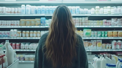 A woman with long hair, standing at a supermarket shelf full of milk products and drinks