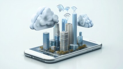 A miniature city sits atop a smartphone, representing the interconnectedness of technology and urban life.