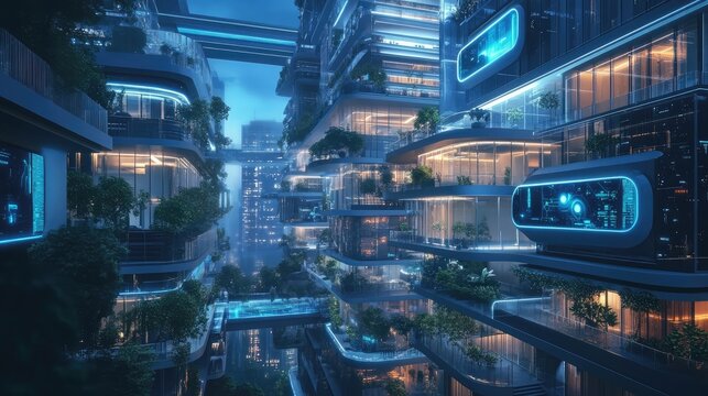 A futuristic city at night, with sleek buildings, glowing lights, and lush greenery. The cityscape is a vision of a technologically advanced future.