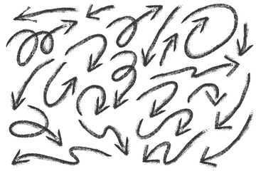 Arrow crayon hand drawn sketch. Vector pencil and chalk scribbles. Doodle charcoal textured grunge elements set. Curve swirl and spiral black marks on white background.