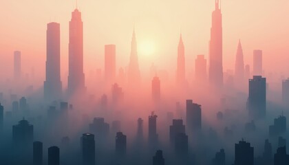 Surreal Digital Artwork of Foggy Cityscape with Ethereal Skyscrapers