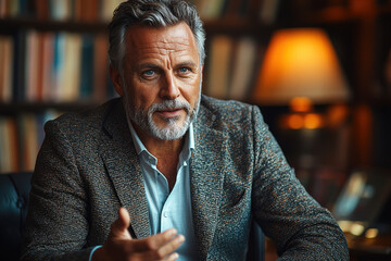 Naklejka premium A middle-aged man shares insights while sitting comfortably in a dimly lit library filled with books