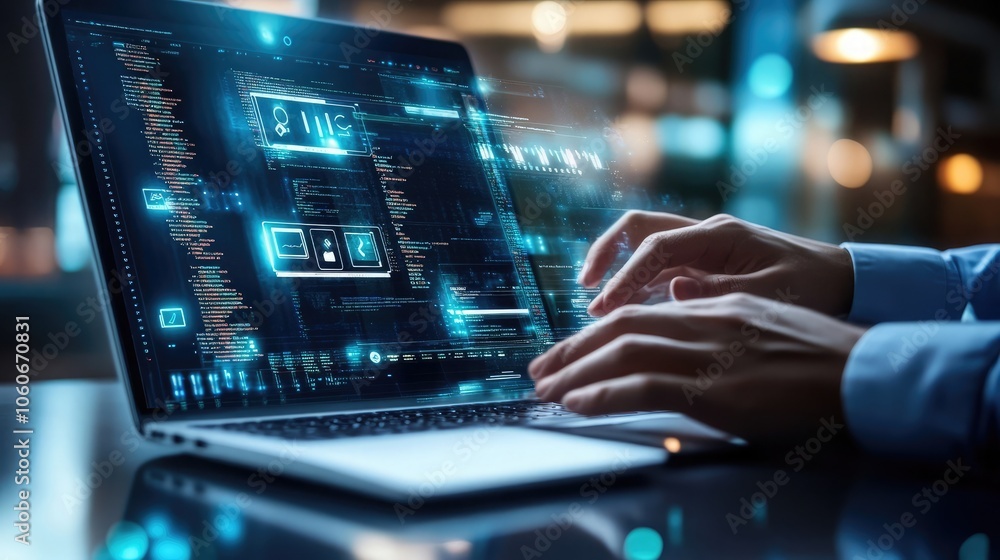 Poster close-up of a person's hands typing on a laptop with a glowing screen filled with code. the backgrou