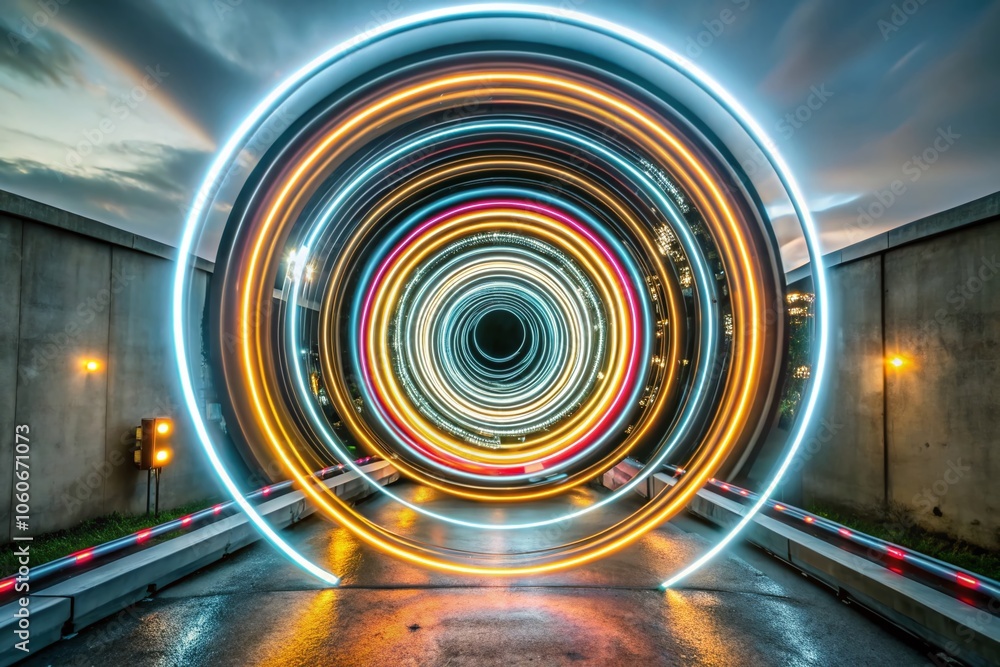 Poster neon vortex features dynamic light circles in a dark environment, perfect for enhancing music, tech,
