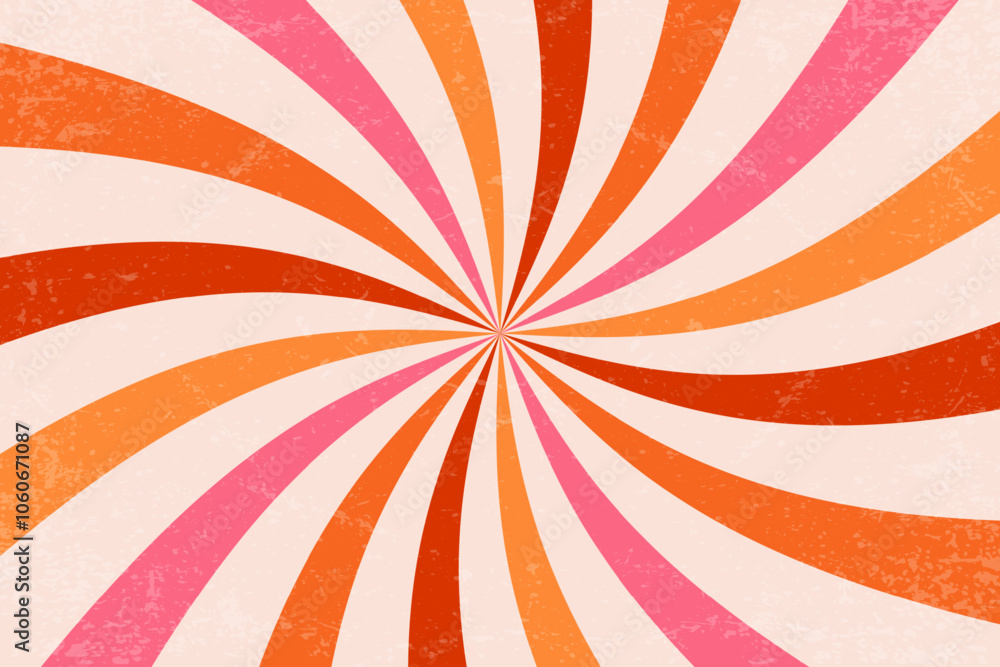 Poster spiral retro pattern background. swirl groovy vector rays. psychedelic radial burst with grunge text