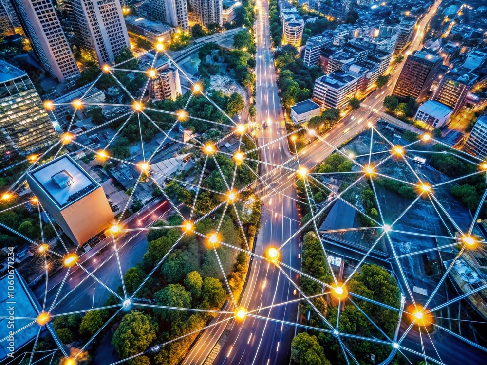 Poster network inspired concept with depth of field in drone photography - generative ai visuals of connect