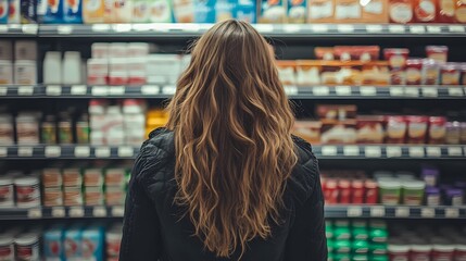 A woman with long hair, standing at a supermarket shelf full of milk products and drinks