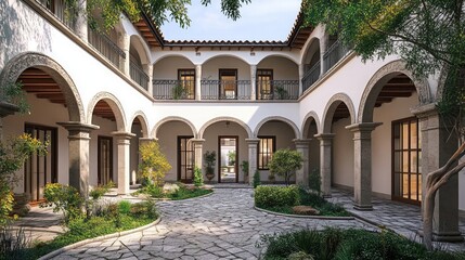 Fototapeta premium A tranquil courtyard with arched walkways, lush greenery, and stone pavers, offering a peaceful escape in a Spanish Colonial-style building.