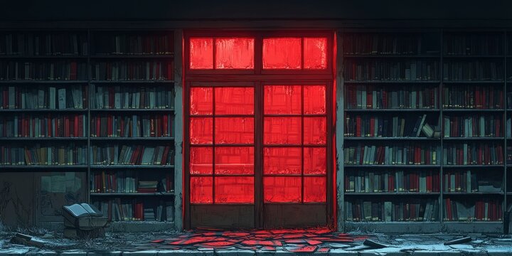 A Red-Glowing Window in a Dark Book-Lined Room
