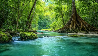 Artistic depiction of an ancient forest filled with towering trees and intricate gnarled roots