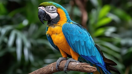 Obraz premium bright blue and green macaw perched elegantly on a branch showcasing its vivid plumage and distinct personality against a lush tropical backdrop filled with exotic foliage