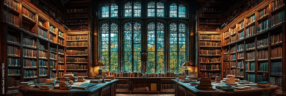 Aufkleber An Ornate Library with Large Windows and Stacks of Books