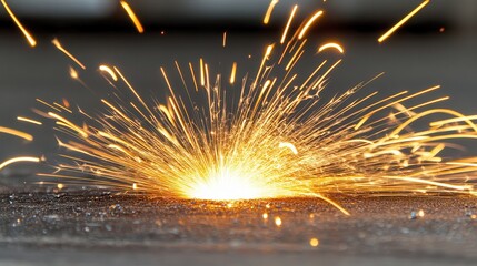Bright orange sparks flying off a metal surface during grinding or welding, showcasing energy, heat, and industrial work.