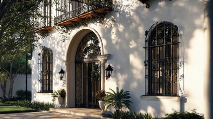 Ornate iron gates and windows frame the entrance to this grand, white home.