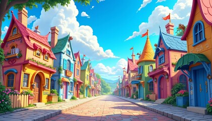 Fototapeta premium Whimsical Colorful Town with Unique Buildings and Blue Sky Atmosphere