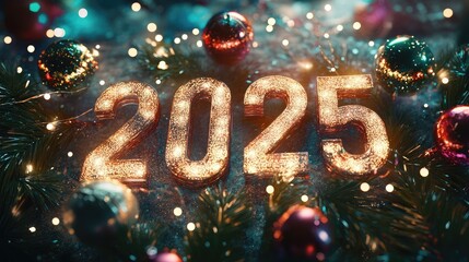 Sparkling 2025 New Year's Eve greeting with twinkling lights and festive ornaments.
