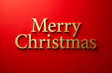 Inscription "Merry Christmas" in gold letters on red background. Gold Christmas Typographical on red Xmas background with winter landscape. Merry Christmas card
