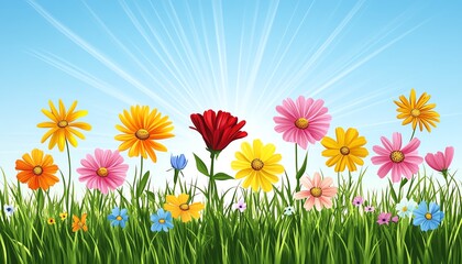 Fototapeta premium Graphic depiction of a lively green meadow filled with an array of colorful flowers dancing in the sunlight